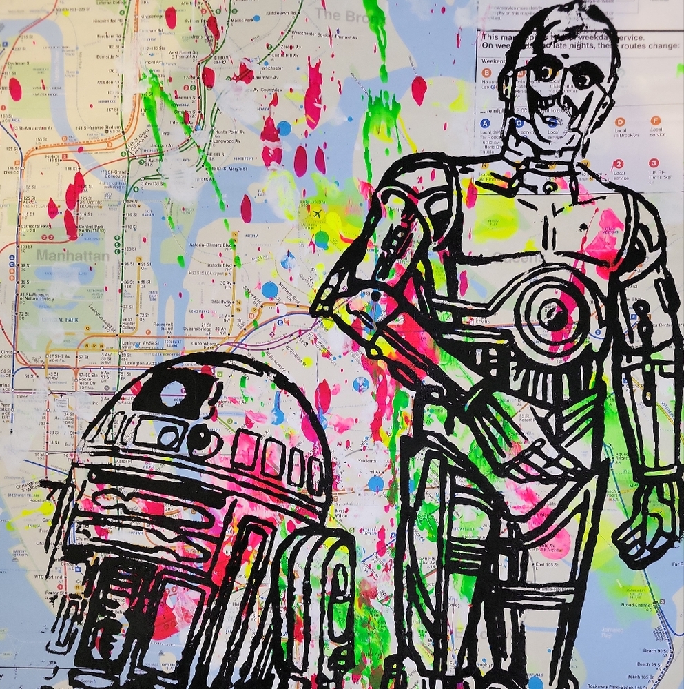 Handpainted Disney Star Wars Droids R2D2 & C3PO on a NYC Subway Map B